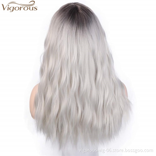 Vigorous Long Wavy Wig With Flat Bangs 100% Heat Resistant Synthetic Sliver Gray Wig Natural Looking Machine Made Wigs For Women